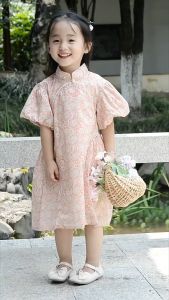 Hania kids หญิงเสื้อแขนสั้นเด็กแขนฟองสบู่ของจีนเสื้อคลุมสีชมพูเสื้อคลุม-K3124780