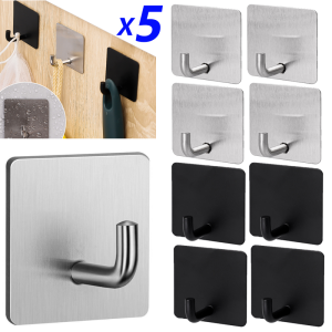 5Pcs Strong Self-Adhesive Wall Hooks Keys Bag Shower Robe Hanging Holder Towel Clothes Hanger Heavy Duty Kitchen Bathroom Storage Hooks
