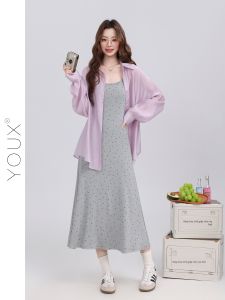 YOUXIANG | Đầm Chấm Bi Màu Xám Phong Cách Pháp Thiết Kế Sweet Shadow Mới Hè 2026