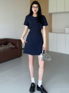 Large Size French Design Hollow Short Sleeve Dress for Women Summer Plus Size Slimming Waist Fake Two-Piece A-Line Skirt