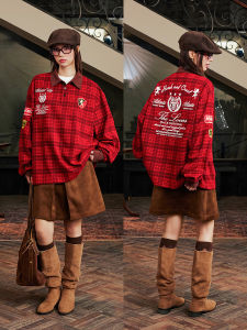 Harsh And Cruel Korean Retro College Feel Plaid Embroidery Badge POLO Shirt Long Sleeve Turn-down Collar Flannel Polyester Casual Shirt for Men