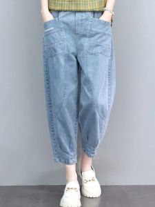 Elastic Waist Harlan Denim Pants Women Middle Age Large Size Dad Pants Short Lantern Pants Mom Jeans High Waist Nine Points