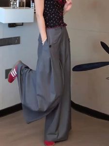 Gray High Waist Wide Leg Straight Pants Womens Simple Elegance High Waist Drapey Wide Leg Long Pants Fashion Retro Lazy Style