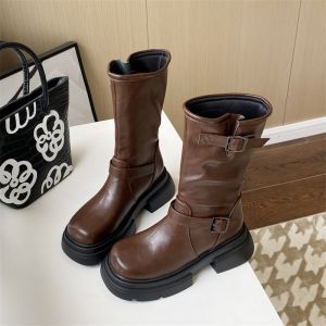 Giày Bốt Martin Đế Dày Cho Nữ Mùa Xuân Thu Dài Đến Bắp Chân Bốt Ngựa Cổ Điển Bốt Đế Ngắn Kiểu Tây Giày Bốt Da PU