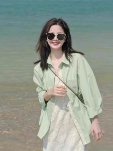 Mint Green Wave Style Womens Shirt Summer New Loose Thin Long Sleeve Sun Protection Outerwear Polo Collar Regular Length
