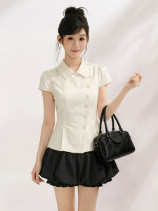 OGOKO | Polo Collar Oblique Button Slim Fit Summer Blouse