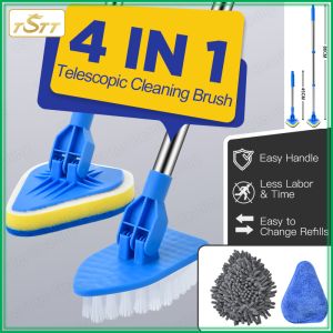 All-in-One Extendable Long Handle Cleaning Brush with Multiple Heads for Bathroom Floor and Bathtub Sponge Triangle Design Multi-Angle Scrub Brush