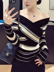 QINGNAER | Autumn Big Size New Pure Desire Spicy Girl Style Cross V-neck Off-shoulder Striped Waist-tight Knitted Sweater