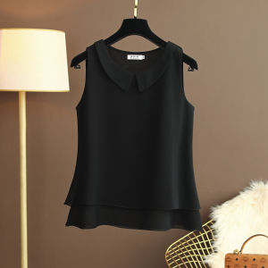 Summer 2024 New Large Size Doll Collar Loose Sleeveless Chiffon Womens Tank Top Outerwear Base Shirt round Neck Polyester Blend