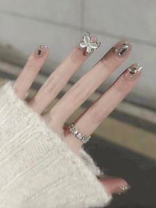 Wear Armor Long Diamond in the Debris Rotate Butterfly White Fake Nails Niche Style Student Wind Detachable Nail Beauty Nail Patch