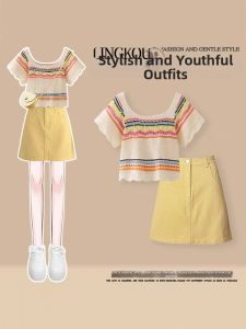 NUMEN BUTTON | Dopamine Color-blocking Lace Knit Top and Denim Skirt Summer 2-piece Set