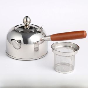 304 Stainless Steel Flat Bottom Tea Kettle with Filter Net for Gas Stove Side Handle Boiler Vintage Style Handmade Crafted