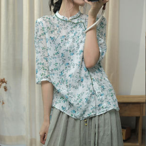 Loose Fit Floral Print Linen Shirt Summer New Style Retro Stand Collar Oversize Tunic Womens Button up Casual Shirt