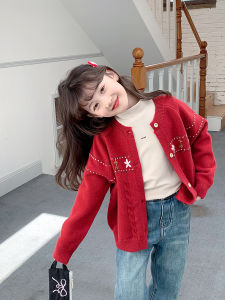 Girls Knitted Cardigan Sweater Red Fashionable Lazy Style Childrens Wear Autumn Winter New Arrival Warm Long Sleeve round Neck