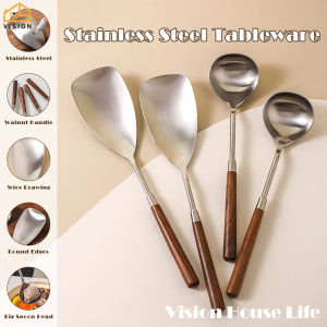 Vision ชุดเครื่องใช้ในครัวด้ามไม้วอลนัทเซตเครื่องใช้ในชุดประกอบอาหารสแตนเลสสตีล304ชิ้นชุดฟลิปเปอร์มือจับยาวแบบแบนยืดหยุ่นได้เครื่องครัวทัพพีแบบมีรู