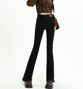 กางเกงยีนส์ทรงขาบานเอวสูงสำหรับผู้หญิง กางเกงขายาวทรงขาบานทรงขากระต่ายสีดำ กางเกงขายาวทรงขาบานแบบเปิดด้านข้าง