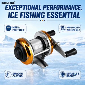 DEUKIO | DEUKIO Mini Ice Fishing Reel AC100 Winter Fishing Round Baitcast Reel Double Rocker Arm Metal Body With 90M Line NON-slip Handle
