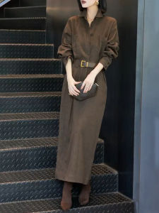 UYFY | Flattering Elegant Brown Plus Size Collared Long Sleeve Waist Cinching Dress