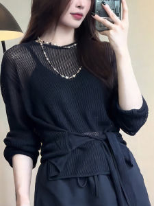 Fashionable Korean Style Knitted Top Belted round Neck Long Sleeve Loose Slimming Trendy Spring 2025 Commute Style plus Size