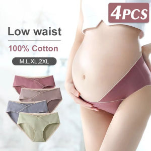 INTIMA 4pcs Maternity Underwear Low Waist Cotton Pregnant Panties V-Shaped Belly Support Shorts Seamless Antibacterial Crotch Plus Size