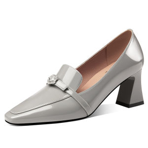 Womens Spring New Leather Square Head Thick Heel High Heels Single Shoes Commute Versatile Slip-On Loafers Small Leather Shoes