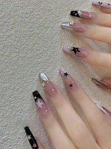 Long Gradient Black And Nude Pink Star 3D Nail Art False Nails French Style Wearable Nail Tips White Moon Tooth Brand