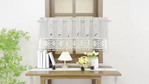 Gingham Short Curtain Crochet Lace Tassel Wooden Bead Tie-Up Valance Rod Pocket Farmhouse Kitchen Window Decor