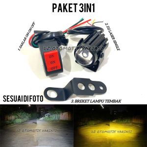Paket 3 Item Lampu Tembak D2 Laser mini Putih Kuning + Saklar Stang 3Mode + Breket Lampu Tembak Besi