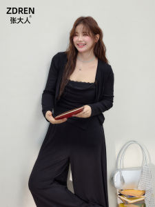 Zhang Da plus Size Womens Fashion Set Casual Pants High Waist Long Sleeve Black Midi Dress Gauze Blouse Drapey Comfortable