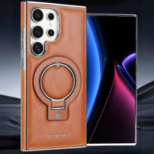 For Magsafe Magnetic Metal Car Bracket Ring Solid Color Matte Leather Phone Case For S24 Ultra S23 Ultra Plus Shockproof Cover