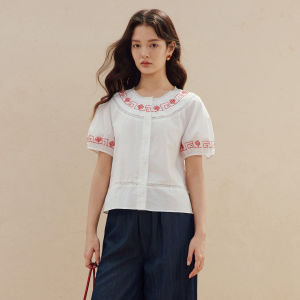 INMAN | Cotton Embroidered Blouse with Lace Splicing