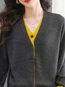 Fashionable Color Block Knitted Open Cardigan Womens Spring Autumn Outerwear Top Korean Style Long Sleeve V-Neck Sweater