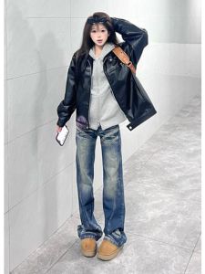 กางเกงยีนส์ทรงวินเทจยาวขากว้างสไตล์อเมริกันสำหรับผู้หญิงในช่วงฤดูใบไม้ผลิ ทรงขากระบอกเล็ก กางเกงขายาว ทรงหลวม สีน้ำเงิน