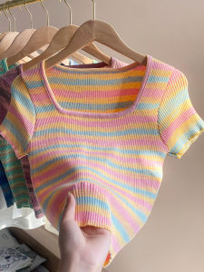 Short High Waist Rainbow Striped Thin Knitted Short-Sleeved T-shirt for Women Summer New Square Collar off-Shoulder Small Shirt Top