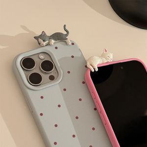 💗Internet celebrity trend+In stock+COD Simple Wave Point Cute 3D Cat Decoration Phone Cover Case for iPhone 16 15 14 13 12 Pro Max Plus