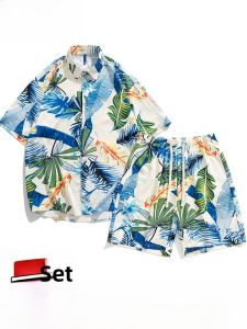 Hawaii Floral Print Ice Silk Short Sleeve Shirt And Beach Pants Summer Vacation Casual Sportswear Set for Men And Women
