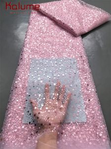 Kalume Nigeria Tulle Lace African Lace Fabric with Beads Sequins 2025 High Quality Nigerian Mesh Net Lace Fabric for Dress F3490