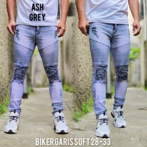 Celana Jeans Sobek Pria Panjang Bikers Garis Stretch Melar Denim Tebal Slimfit Skinny Size 28-33