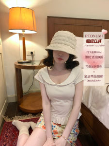 PtonUmi White Pigeon Letter Doll Collar Short Sleeve T-Shirt Women Summer Slim Fit U-Neck Shoulder Width Regular Length Top