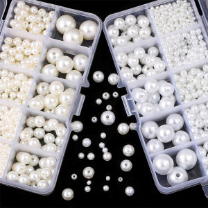 800Pcs/Box 3/4/5/6/8/10/12/14mm ABS Imitation Pearl Beads Set White Ivory Round Spacer Beads Kit For DIY Bracelet Necklace Jewelry Making Craft Accessories