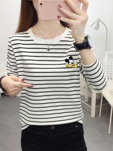 plus Size Loose Fit Long Sleeve round Neck Striped T-Shirt Womens Base Shirt Comfortable Pure Cotton Autumn Wear Commute Style