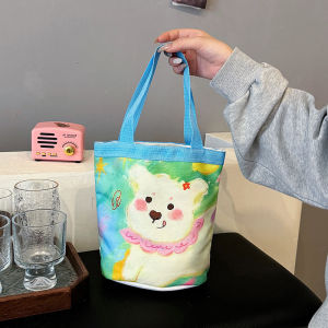 Summer New Handheld Canvas Bucket Bag Printed Outgoing Bento Box Carrier Adorable Mommy Tote Bag Double Strap Casual Canvas