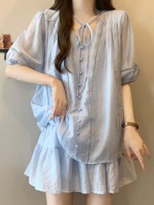 Fashionable Plus Size Womens Set Baby Siyue Baby Soft Slimming Two-Piece Suit Short Sleeve V-Neck Pullover Polyester Fiber