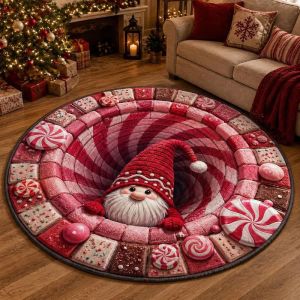 VIKAMA Santa Claus Swirl Round Rug Creative 2D Checkered Pattern Plush Non-Slip Living Room Rug Indoor Christmas Home Decor