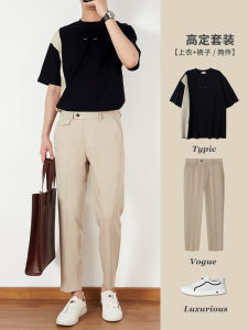 ชุดสองชิ้นลำลองสำหรับผู้ชาย ฤดูร้อน 2024 แฟชั่นธุรกิจแขนสั้น ชุดสองชิ้น ผ้าฝ้าย 9 ฟุต เอวกลาง ทรงหลวม ลำลอง สไตล์ฤดูร้อน