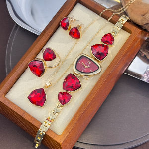 Luxury Ladies Quartz Watch Colorful Diamond Irregular Shape Necklace Ring Earrings Jewelry Set Four-Piece Gift Set Trendsetter