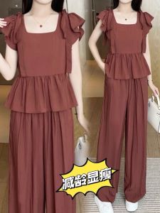 Fashionable Street Style Salt System Womens Summer New Arrival French Little Fly Sleeve Top Wide Leg Pants Trendy Two Piece Set