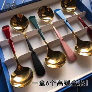 Colorful 304 Stainless Steel Long Handle Spoon Cute Dinner Spoon Soup Spoon Set High Aesthetic Value Home Use Ins Style