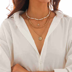 Multi-Layer Pearl Necklace Alloy Heart Sun Shape Choker for Women Trendy Sweet Fashion Jewelry Lockbone Chain Accessory