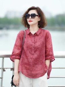 Summer Loose Linen Shirt Thin Cotton Linen Blend Slimming Five-Quarter Sleeve Polo Neck Regular Length Fashionable Sun Protection
